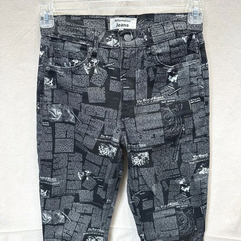 Reformation Newspaper Print Peyton Zine High Rise Bootcut Jeans‎ Black Sz. 25